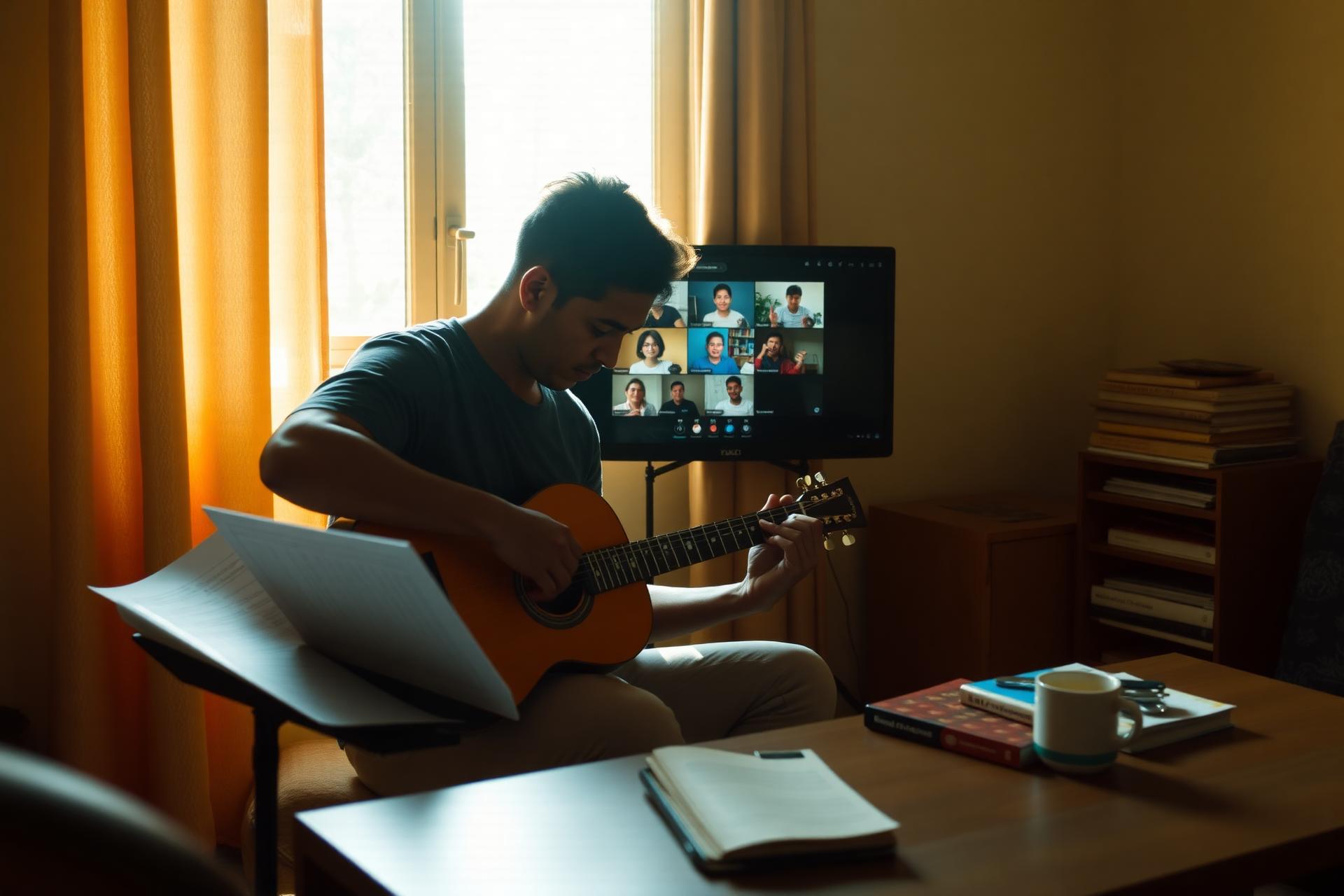 Grupo brasileiro estudando música em uma sala de ensaio